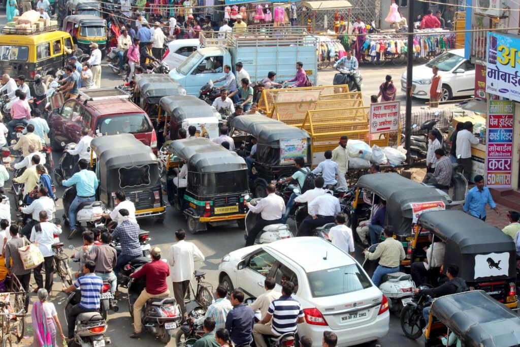 Heavy traffic conditions on a busy road in India