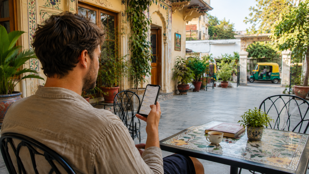 solo traveler reading hotel reviews